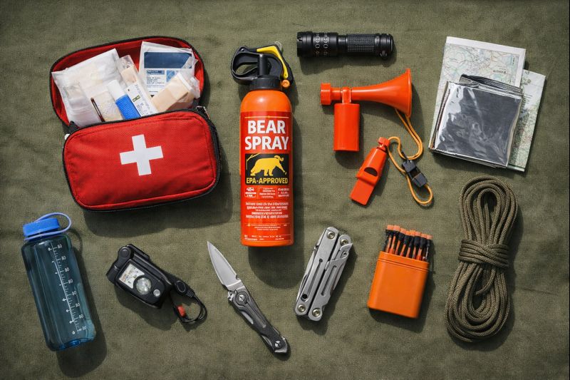 Essential wildlife safety camping gear including bear spray first aid kit flashlight and emergency supplies