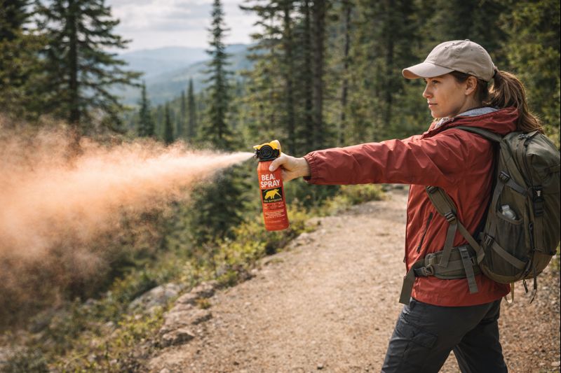 Woman hiker demonstrating proper bear spray deployment technique with extended arm and defensive stance in wilderness