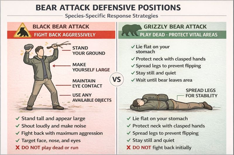 Bear attack defensive positions showing fight back stance for black bears and play dead position for grizzly bears