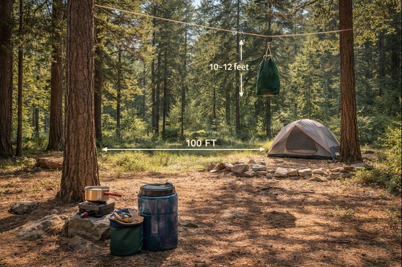 Bear-proof camping setup with secured food containers for wildlife safety while camping