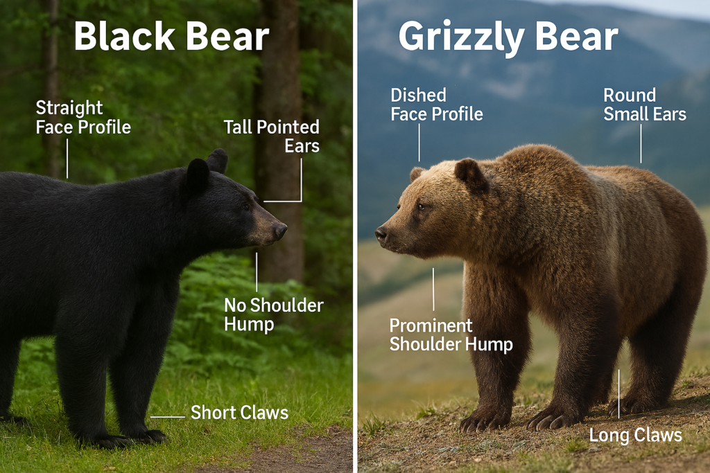 Black bear and grizzly bear side-by-side comparison showing identification features for camping safety