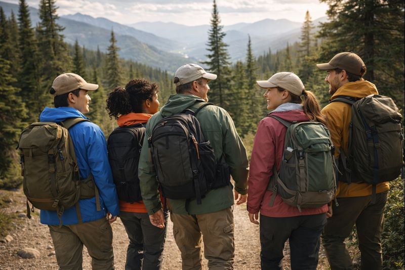 Group of diverse hikers walking together on wilderness trail demonstrating safety in numbers for wildlife camping
