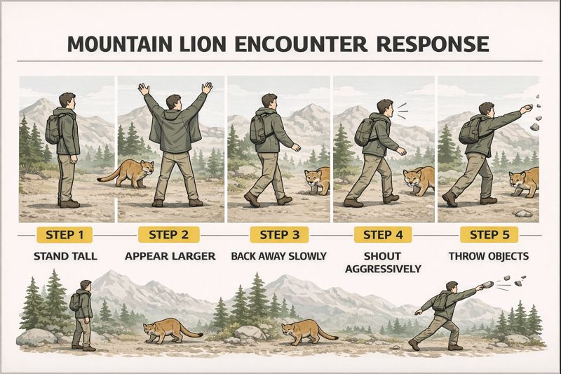Mountain lion encounter defensive response showing stand tall, appear large, back away, and intimidation tactics
