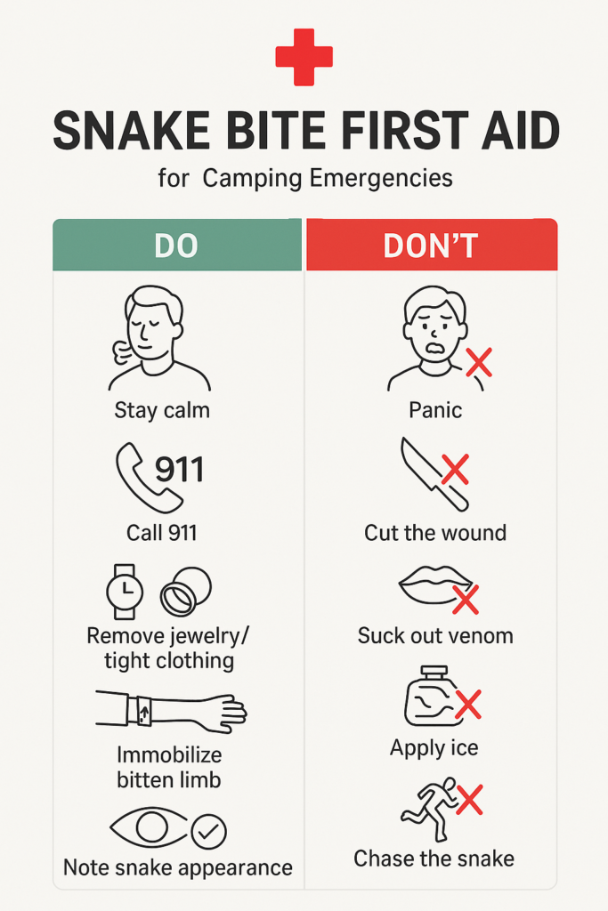 Snake bite first aid infographic showing emergency do's and don'ts for camping safety