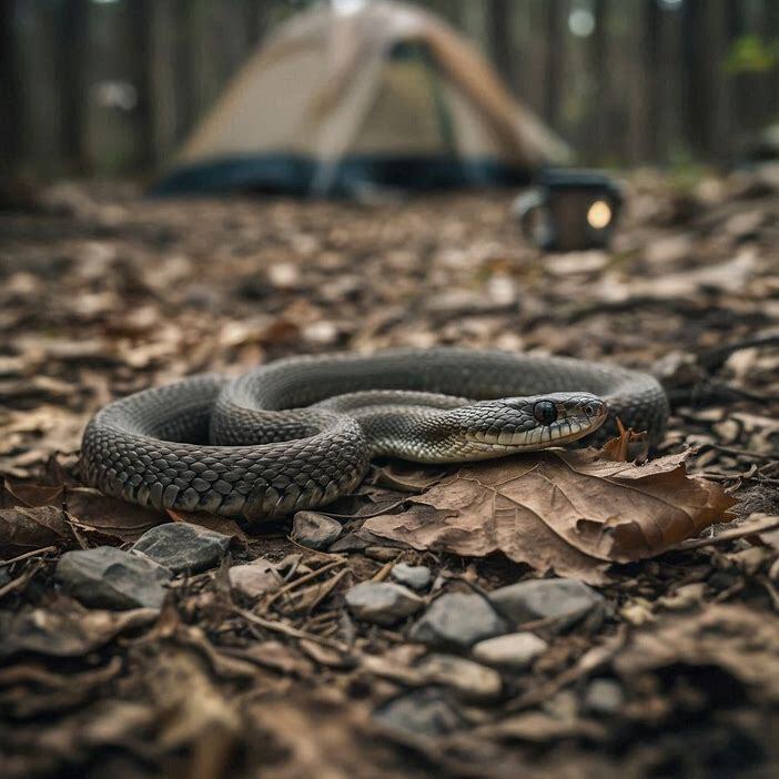 Non-venomous snake in natural camping environment showing identification features for wildlife safety
