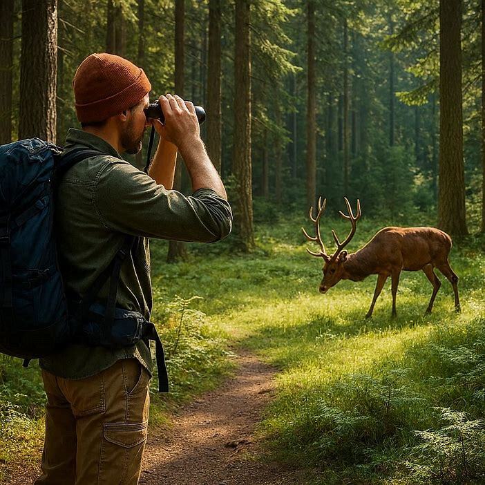 Wildlife safety while camping, showing a hiker maintaining a safe distance from deer in the forest