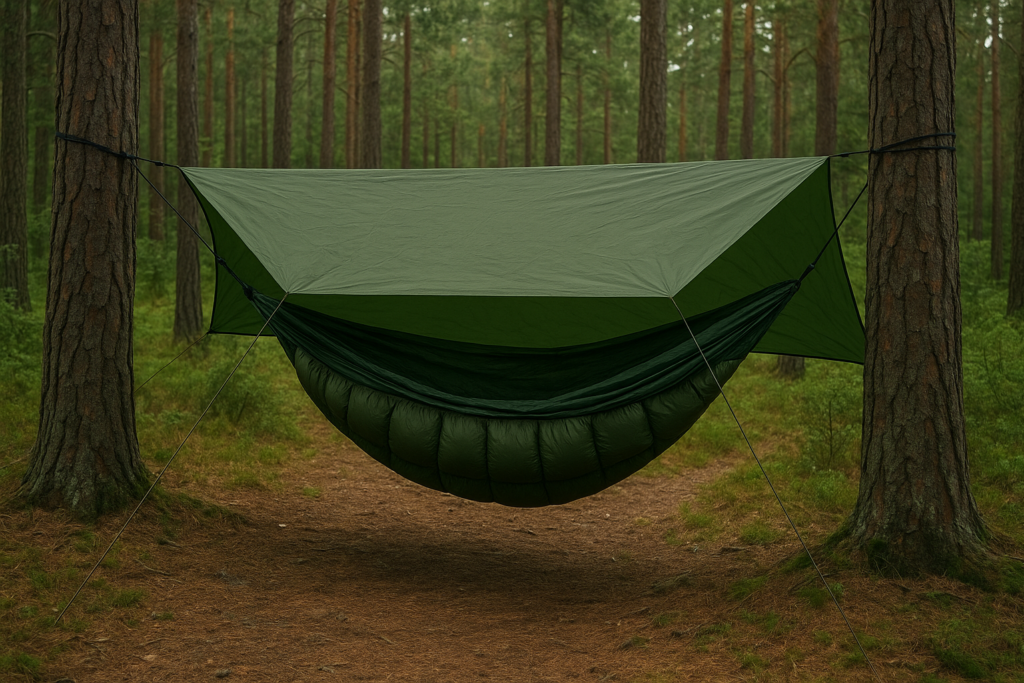 Hammock camping setup with underquilt for warm sleeping