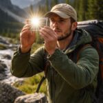 Lost camper using emergency signal mirror to reflect sunlight for search and rescue visibility