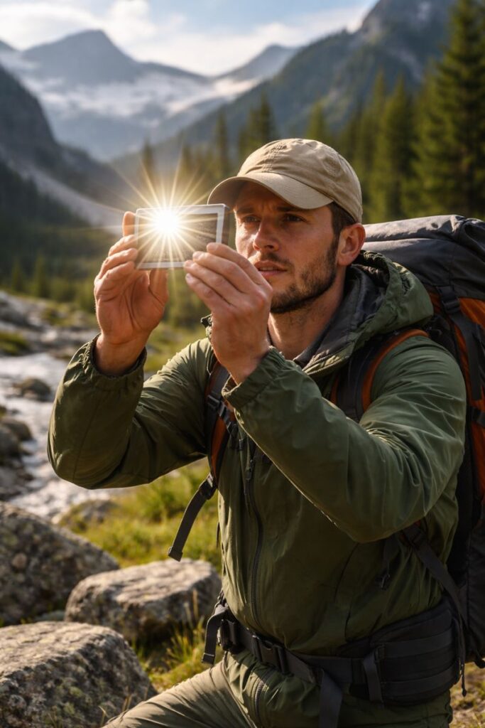 Lost camper using emergency signal mirror to reflect sunlight for search and rescue visibility